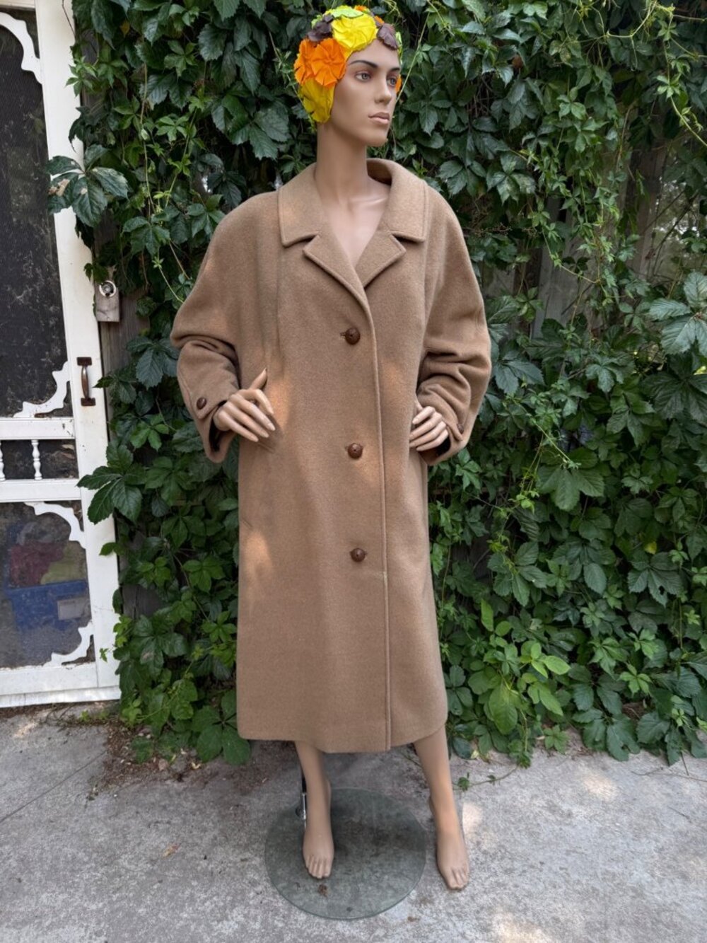 60s Camel Hair Mid Length Coat Triple Leather Button Notch Collar Waist 60"